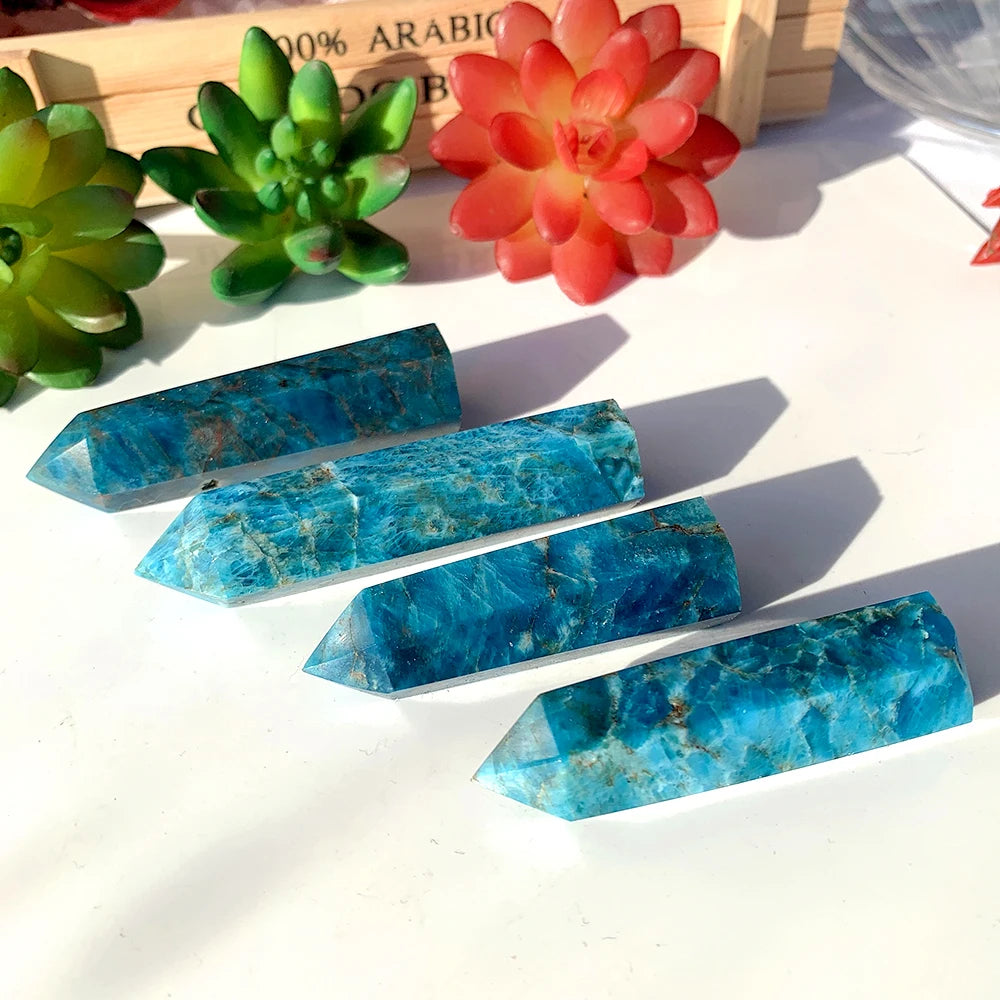 Natural Healing Crystal Blue Apatite Single Point Wand Reiki Polished Gemstone Hexagonal Obelisk Column Home Desk Decoration-3