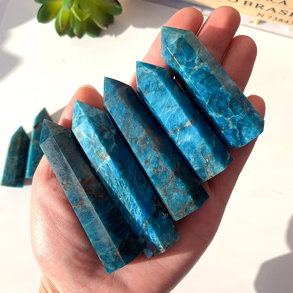 Natural Healing Crystal Blue Apatite Single Point Wand Reiki Polished Gemstone Hexagonal Obelisk Column Home Desk Decoration-4