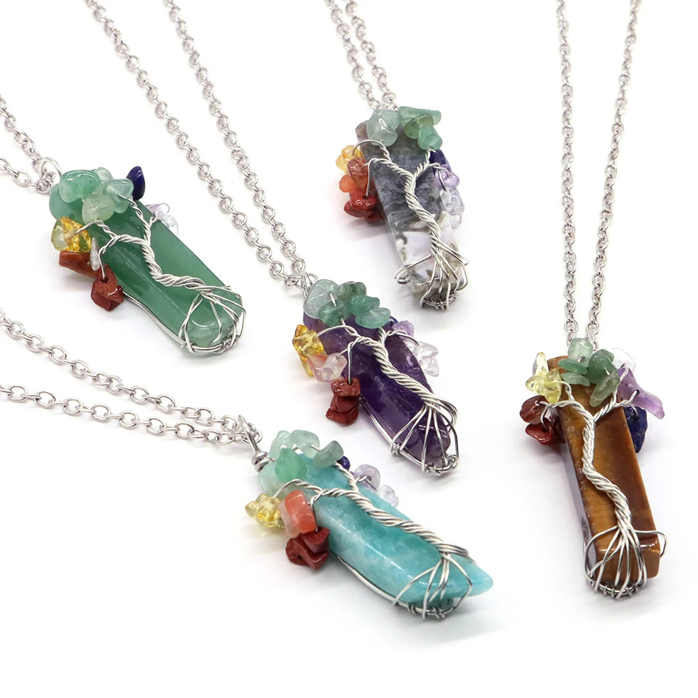 7 Chakra Tree Of Life Irregular Slice Stone Pendant Natural Reiki Healing Crystals Quartz Amethyst Lapis Lazuli Necklace Jewelry