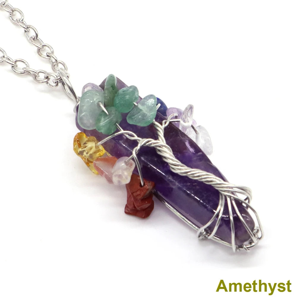 7 Chakra Tree Of Life Irregular Slice Stone Pendant Natural Reiki Healing Crystals Quartz Amethyst Lapis Lazuli Necklace Jewelry-11