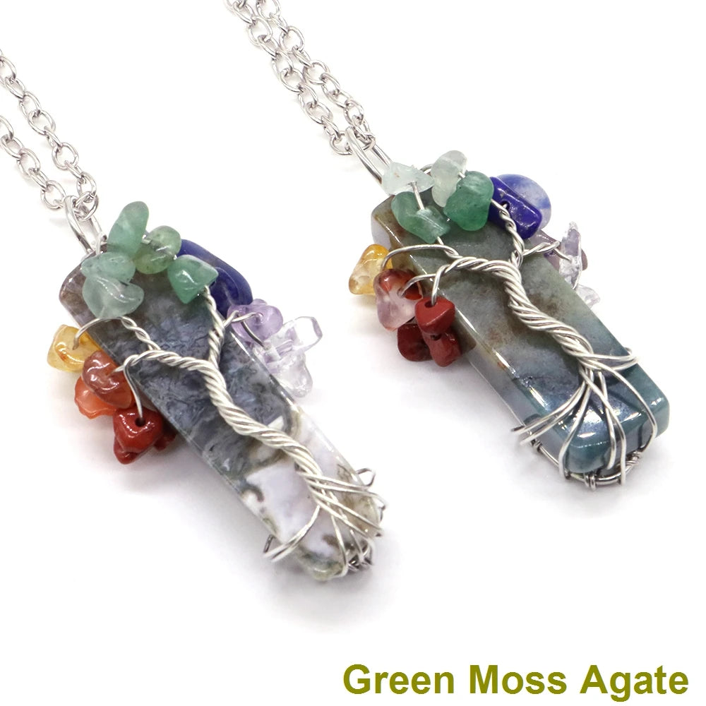 7 Chakra Tree Of Life Irregular Slice Stone Pendant Natural Reiki Healing Crystals Quartz Amethyst Lapis Lazuli Necklace Jewelry