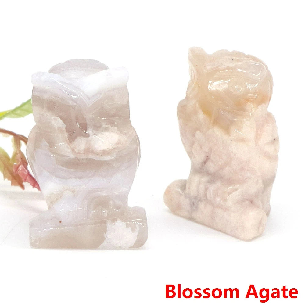 1.5" Owl Statue Natural Gem Rose Quartz Aventurine Crystal Carved Reiki Healing Stone Animal Figurine Crafts Home Decor Ornament