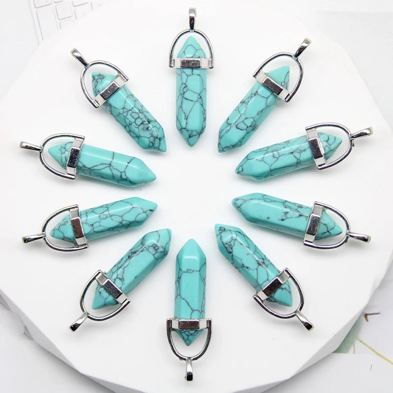 24pcs Natural Stone Agates Quartz Crystal Pendants For Necklace Charm Fluorite Hexagonal Pendant DIY Jewelry Making Accessories