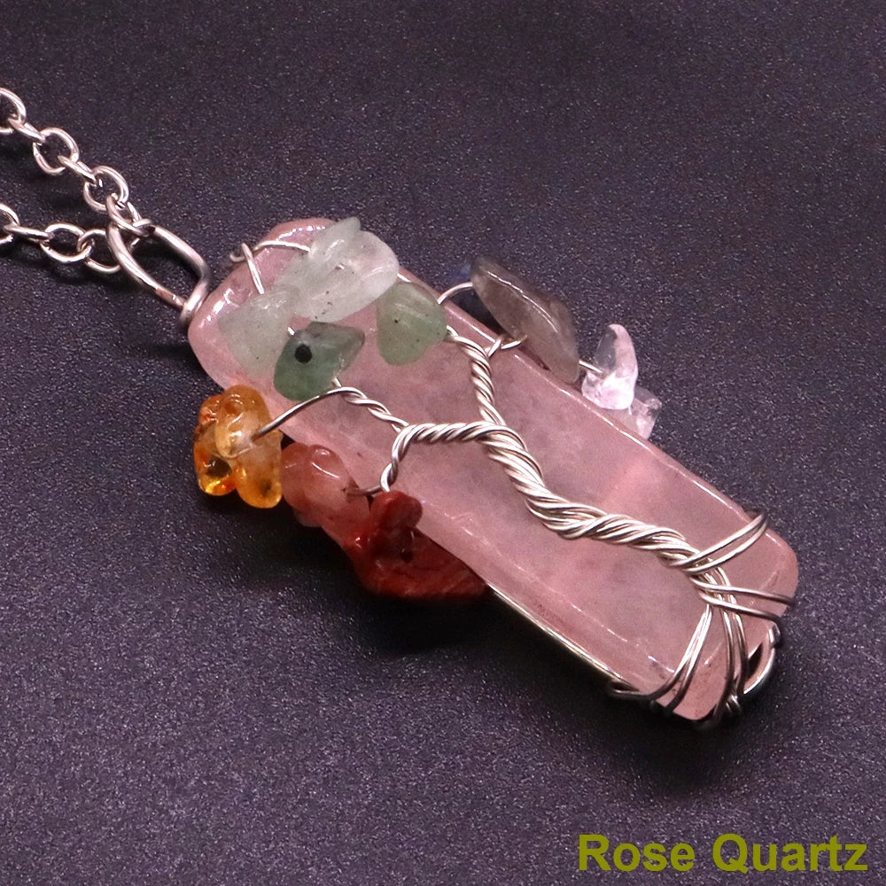 7 Chakra Tree Of Life Irregular Slice Stone Pendant Natural Reiki Healing Crystals Quartz Amethyst Lapis Lazuli Necklace Jewelry
