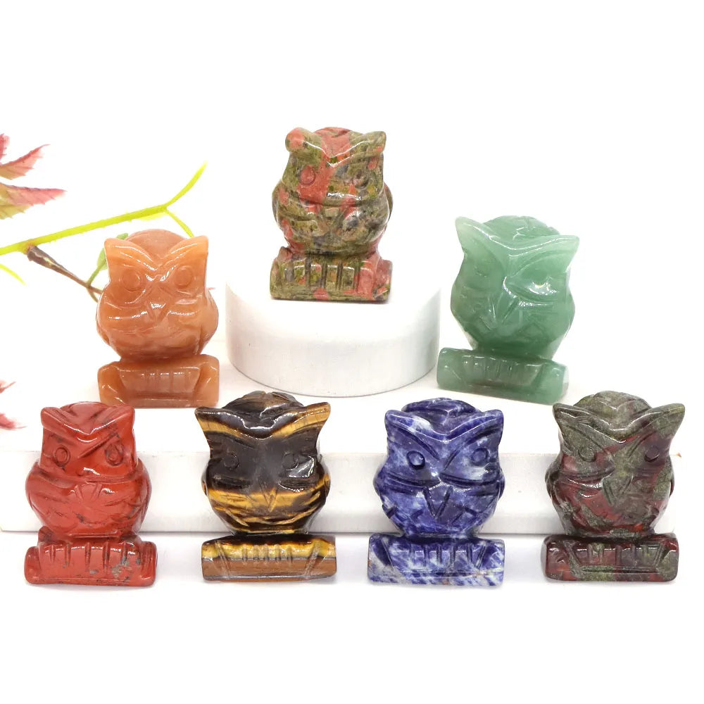 1.5" Owl Statue Natural Gem Rose Quartz Aventurine Crystal Carved Reiki Healing Stone Animal Figurine Crafts Home Decor Ornament-19