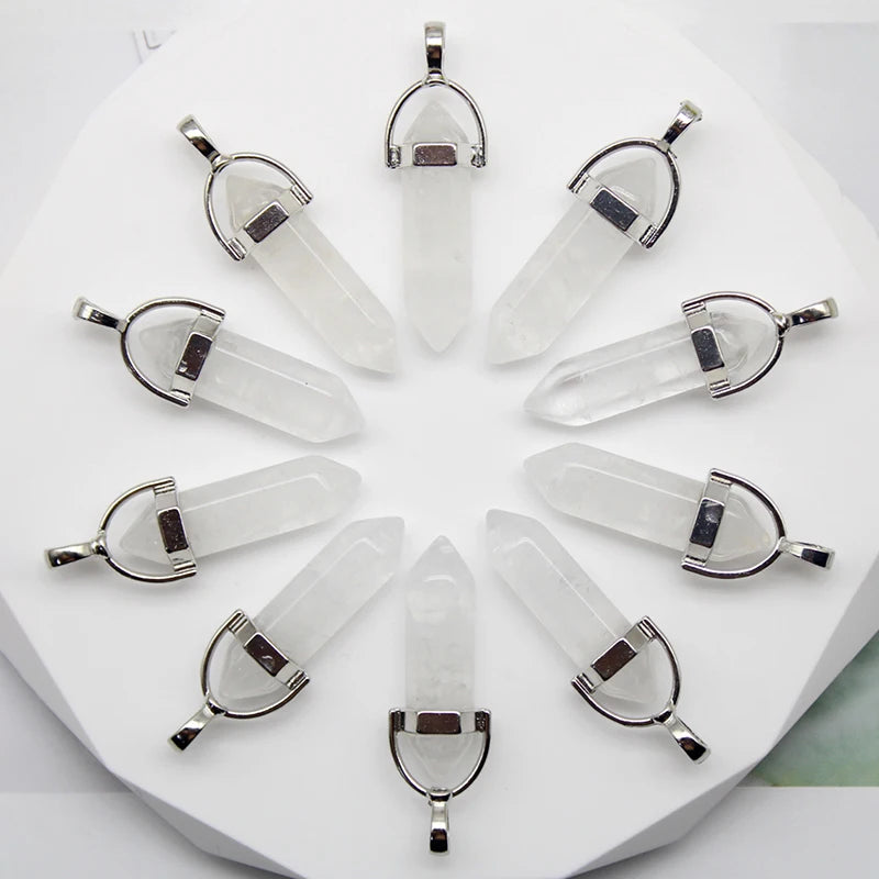 24pcs Natural Stone Agates Quartz Crystal Pendants For Necklace Charm Fluorite Hexagonal Pendant DIY Jewelry Making Accessories