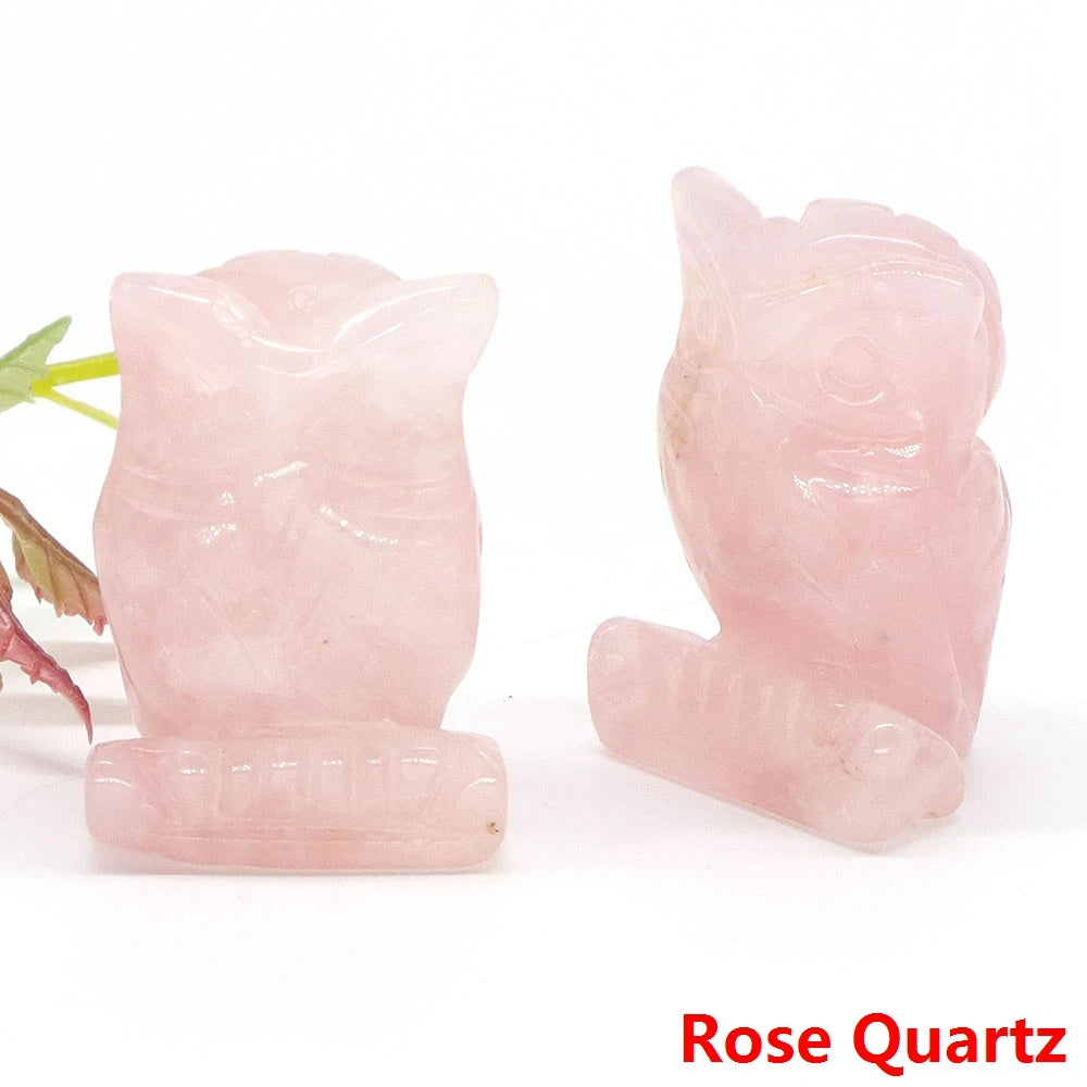 1.5" Owl Statue Natural Gem Rose Quartz Aventurine Crystal Carved Reiki Healing Stone Animal Figurine Crafts Home Decor Ornament