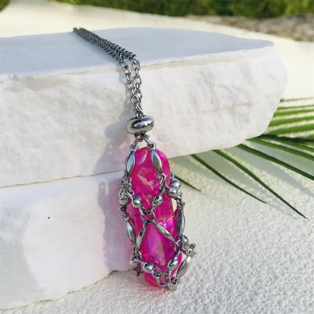 Hot Sale Stone Collection Holder Necklace Electroplated Titanium Aura Crystal Cage Chain Pendant Adjustable Necklace Accessories