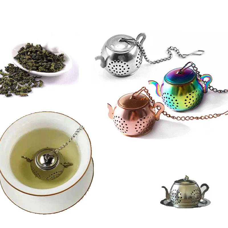 Metal Tea Strainer Teapot Shape Loose Tea Infuser Stainless Steel Leaf Tea Maker Strainer Chain Drip Tray Herbal Spice Filter
