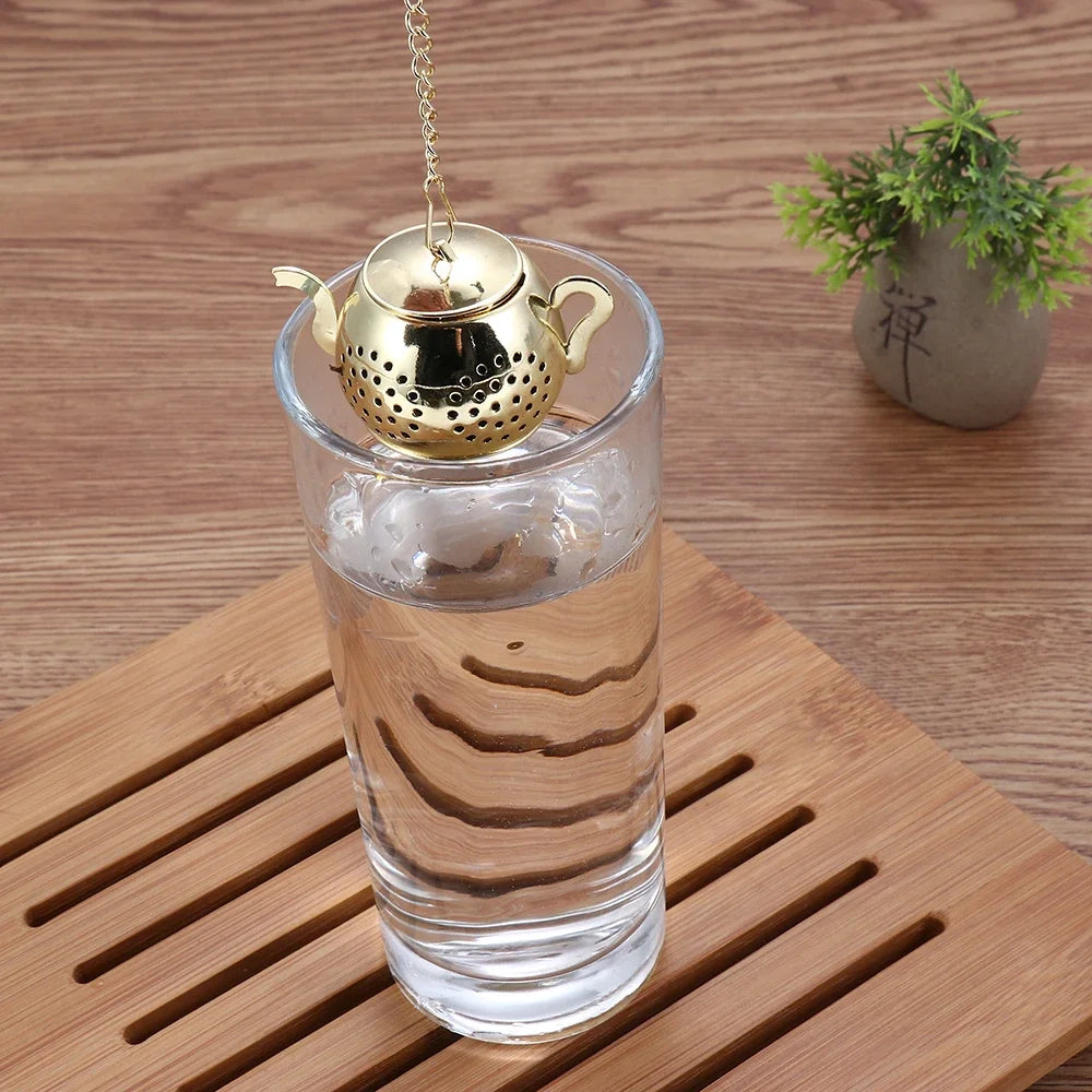 Metal Tea Strainer Teapot Shape Loose Tea Infuser Stainless Steel Leaf Tea Maker Strainer Chain Drip Tray Herbal Spice Filter
