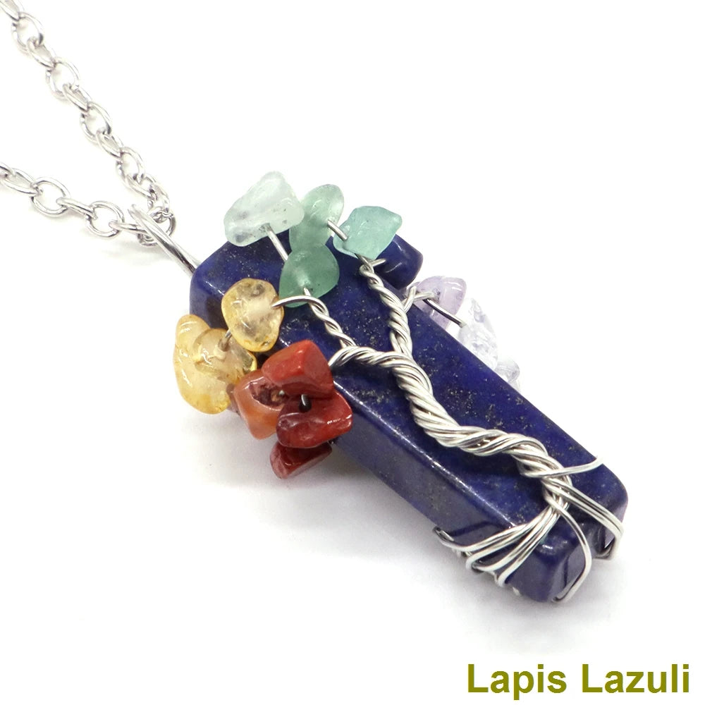 7 Chakra Tree Of Life Irregular Slice Stone Pendant Natural Reiki Healing Crystals Quartz Amethyst Lapis Lazuli Necklace Jewelry