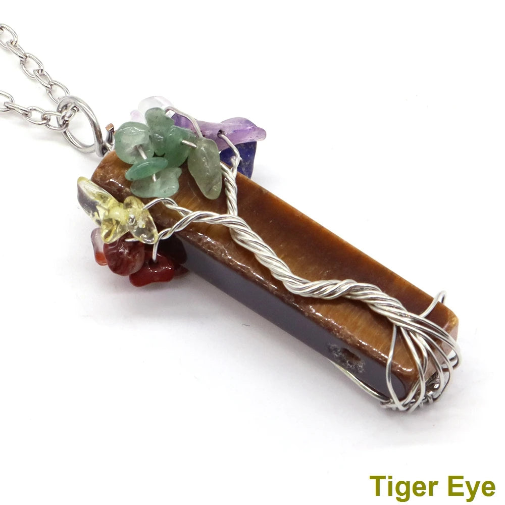 7 Chakra Tree Of Life Irregular Slice Stone Pendant Natural Reiki Healing Crystals Quartz Amethyst Lapis Lazuli Necklace Jewelry