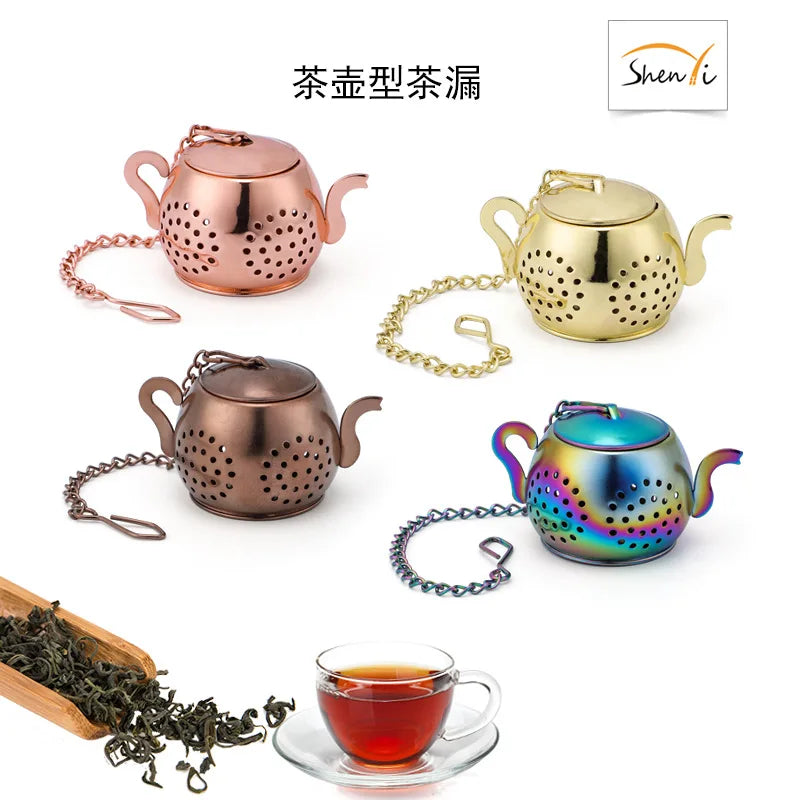Metal Tea Strainer Teapot Shape Loose Tea Infuser Stainless Steel Leaf Tea Maker Strainer Chain Drip Tray Herbal Spice Filter-6