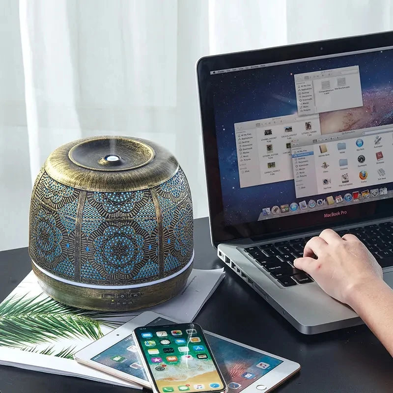 500ml Aroma Diffuser Bronze Metal Aromatherapy Diffuser for Essential Oil 7 Color Fragrance Lamp Humidifier for Baby Office Home