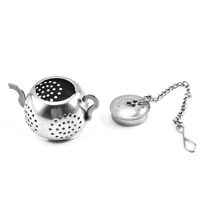 Metal Tea Strainer Teapot Shape Loose Tea Infuser Stainless Steel Leaf Tea Maker Strainer Chain Drip Tray Herbal Spice Filter