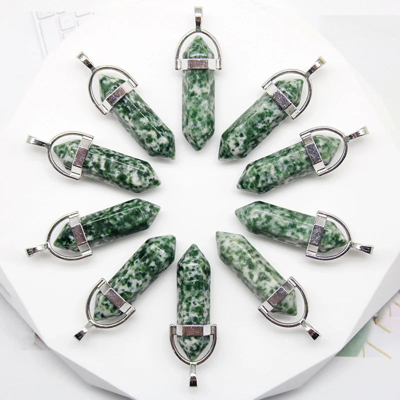 24pcs Natural Stone Agates Quartz Crystal Pendants For Necklace Charm Fluorite Hexagonal Pendant DIY Jewelry Making Accessories-47