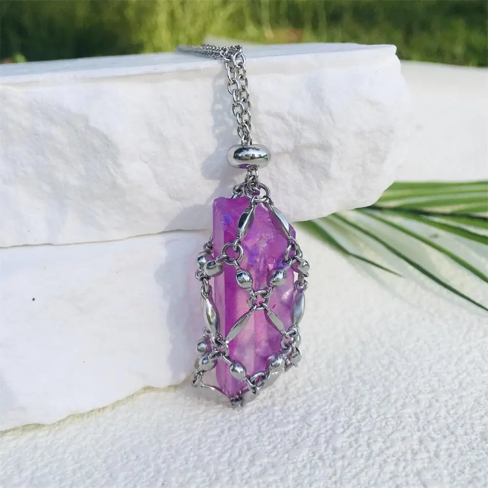 Hot Sale Stone Collection Holder Necklace Electroplated Titanium Aura Crystal Cage Chain Pendant Adjustable Necklace Accessories