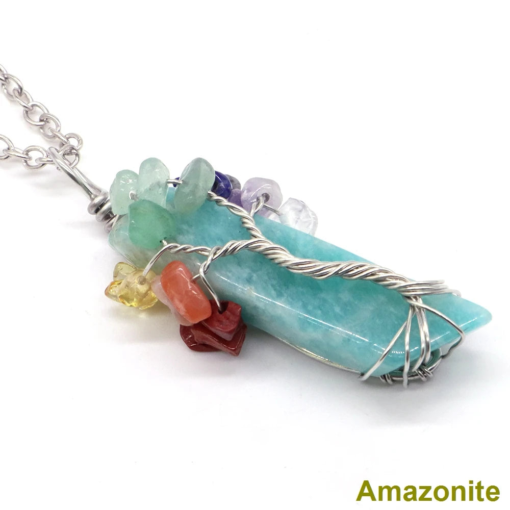 7 Chakra Tree Of Life Irregular Slice Stone Pendant Natural Reiki Healing Crystals Quartz Amethyst Lapis Lazuli Necklace Jewelry-1