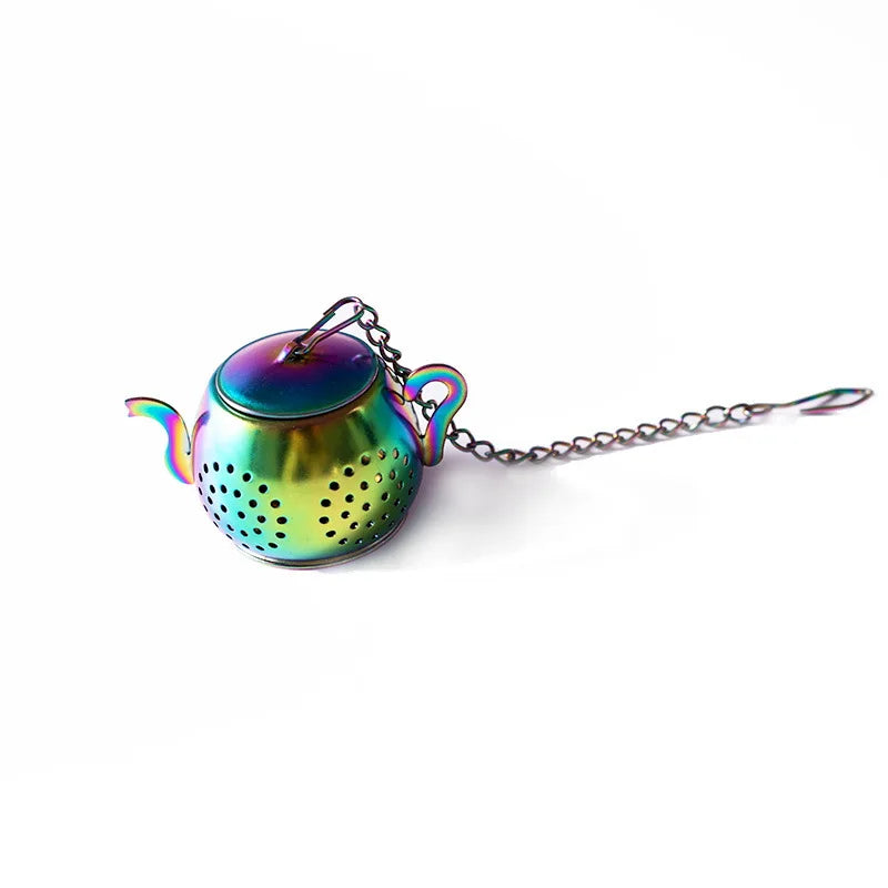 Metal Tea Strainer Teapot Shape Loose Tea Infuser Stainless Steel Leaf Tea Maker Strainer Chain Drip Tray Herbal Spice Filter