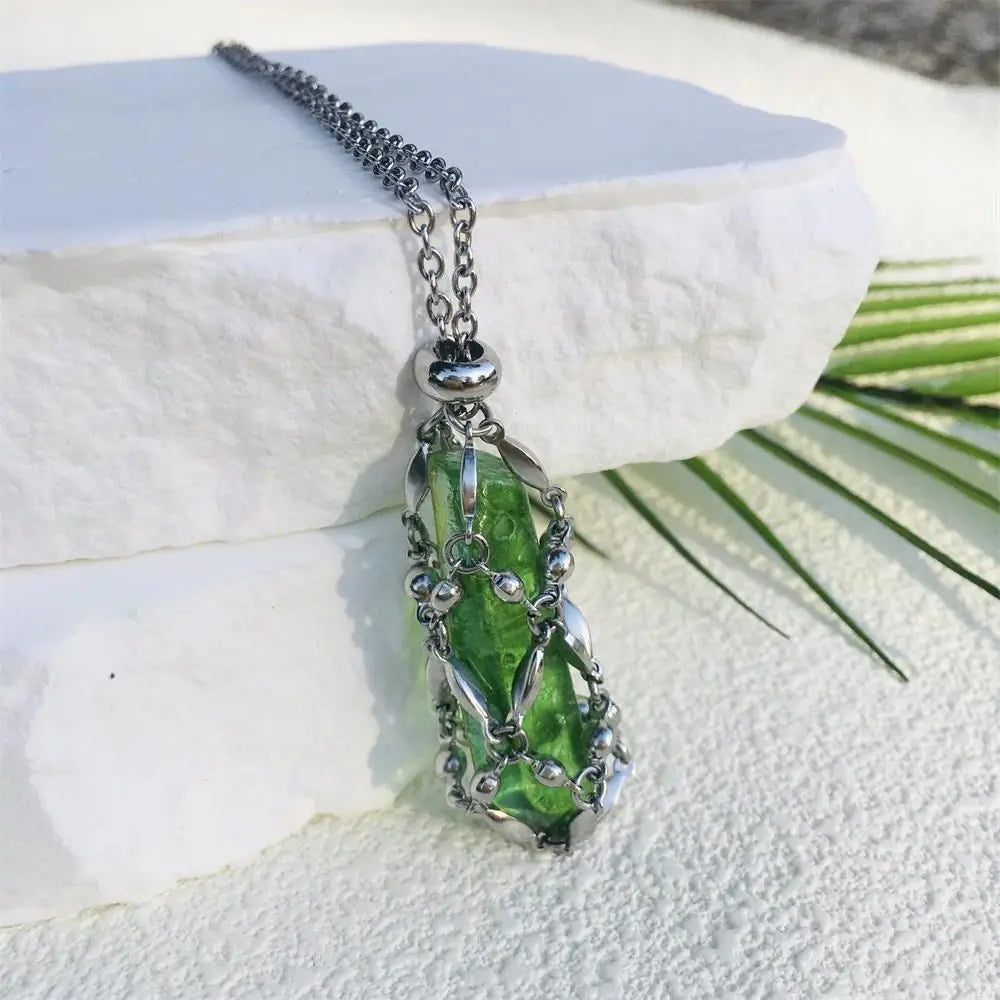 Hot Sale Stone Collection Holder Necklace Electroplated Titanium Aura Crystal Cage Chain Pendant Adjustable Necklace Accessories-12