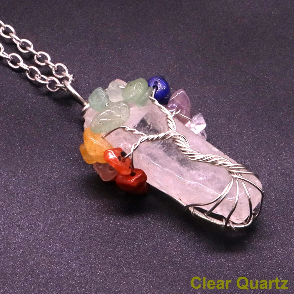 7 Chakra Tree Of Life Irregular Slice Stone Pendant Natural Reiki Healing Crystals Quartz Amethyst Lapis Lazuli Necklace Jewelry