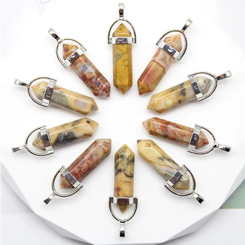 24pcs Natural Stone Agates Quartz Crystal Pendants For Necklace Charm Fluorite Hexagonal Pendant DIY Jewelry Making Accessories-24