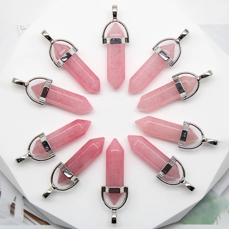 24pcs Natural Stone Agates Quartz Crystal Pendants For Necklace Charm Fluorite Hexagonal Pendant DIY Jewelry Making Accessories