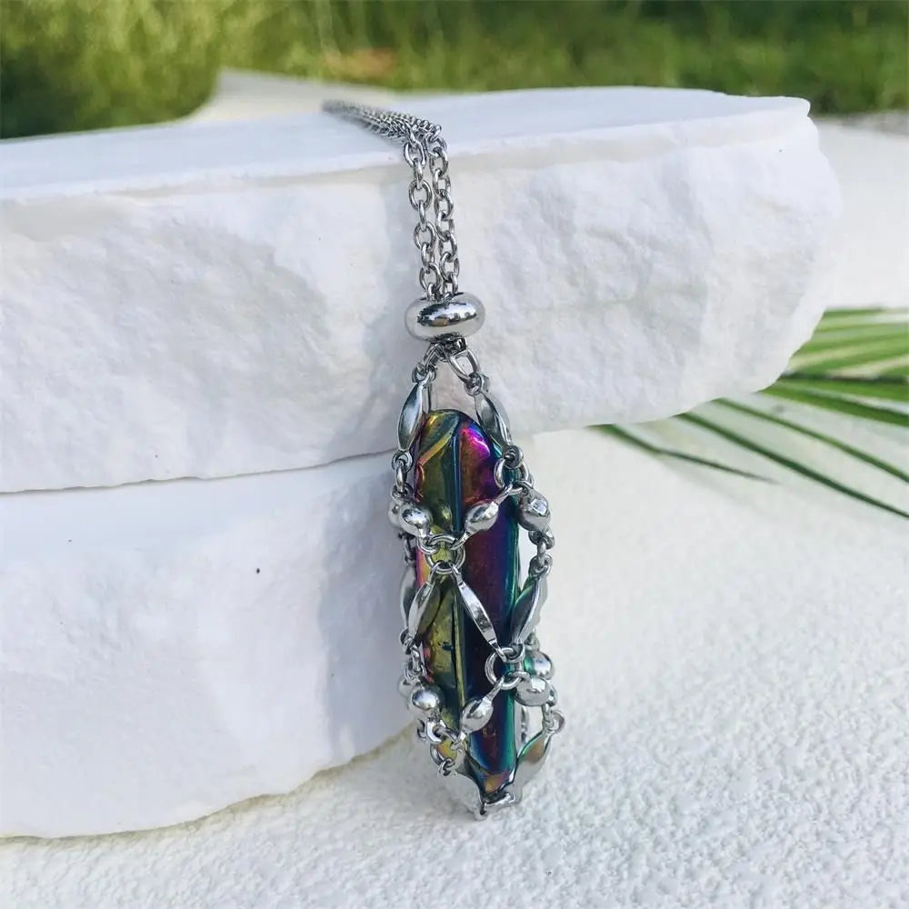 Hot Sale Stone Collection Holder Necklace Electroplated Titanium Aura Crystal Cage Chain Pendant Adjustable Necklace Accessories-14