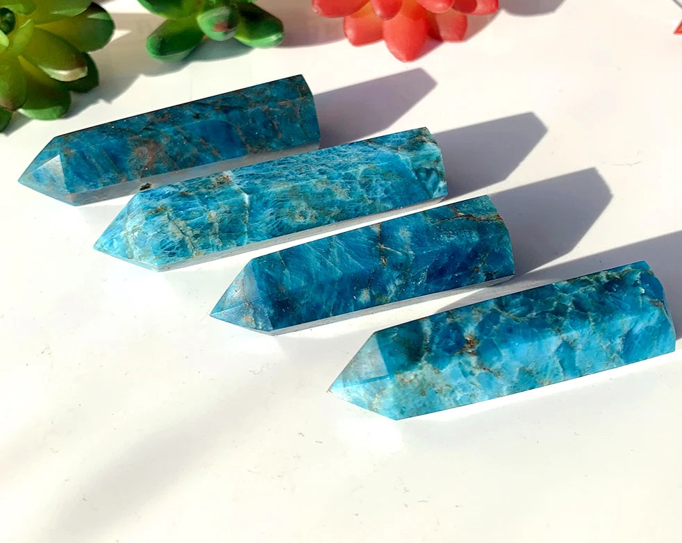 Natural Healing Crystal Blue Apatite Single Point Wand Reiki Polished Gemstone