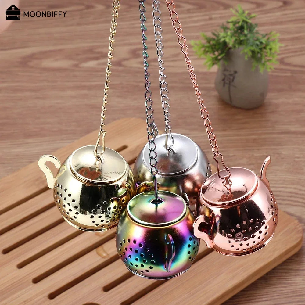 Metal Tea Strainer Teapot Shape Loose Tea Infuser Stainless Steel Leaf Tea Maker Strainer Chain Drip Tray Herbal Spice Filter-2