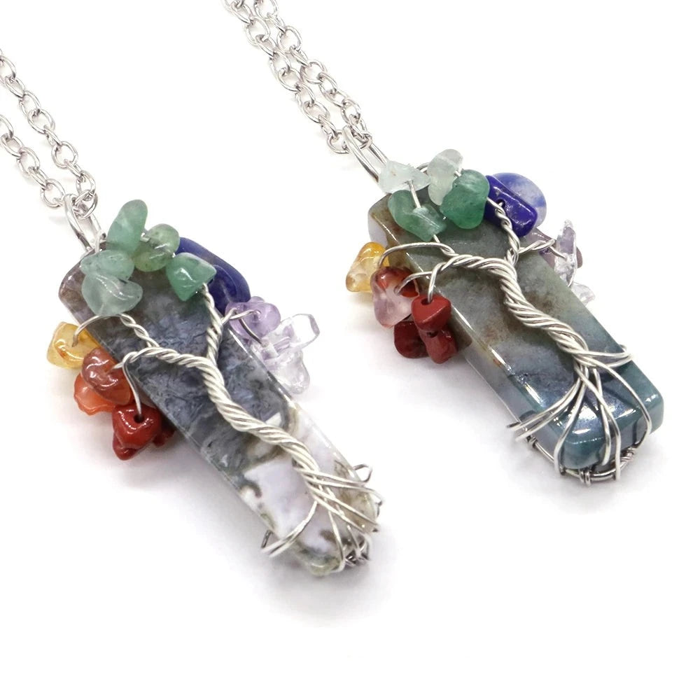 7 Chakra Tree of Life Irregular Slice Stone Pendant Natural Reiki Healing Crystals-14