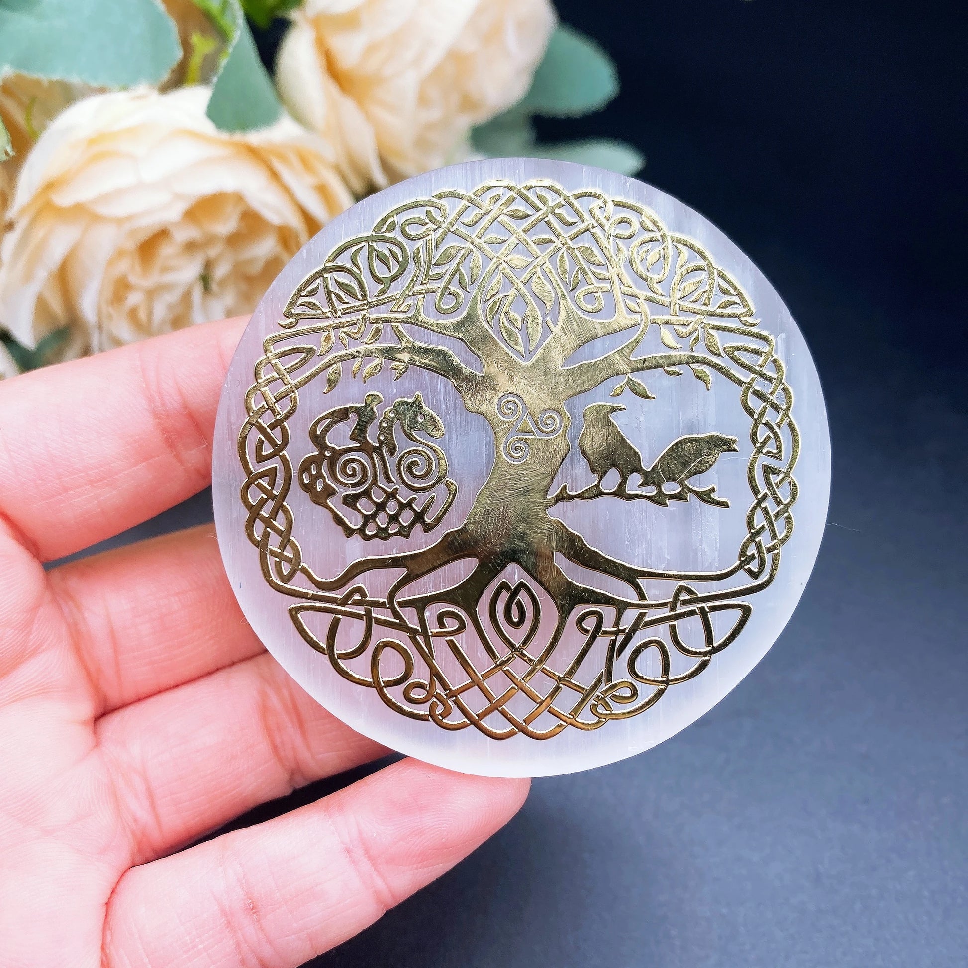 White Gypsum Chakra Tree of Life Meditation Disc-8