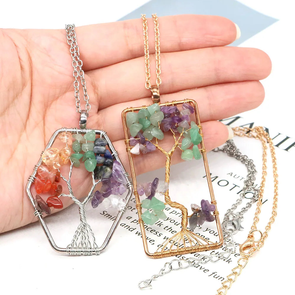 7 Chakra Tree of Life Pendant Necklace Natural Amethyst Reiki Stone Healing Gemstone Jewelry Gifts