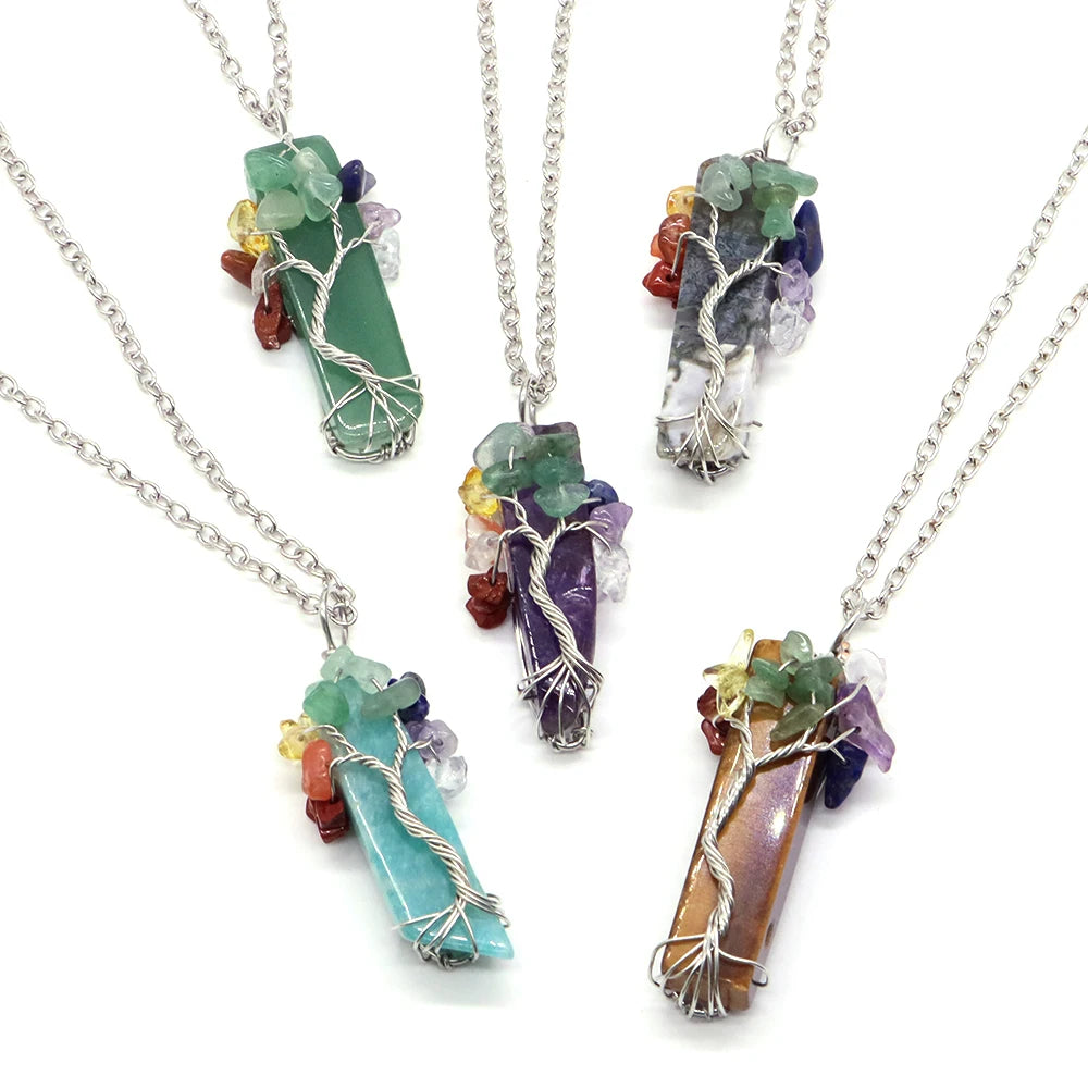 7 Chakra Tree of Life Irregular Slice Stone Pendant Natural Reiki Healing Crystals-2