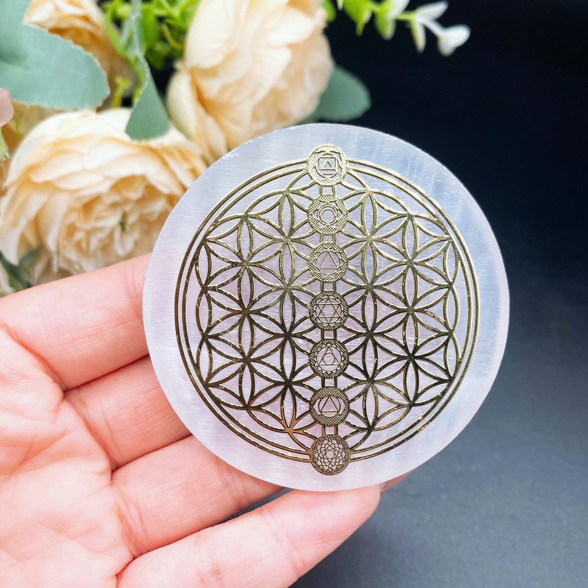 White Gypsum Chakra Tree of Life Meditation Disc-1