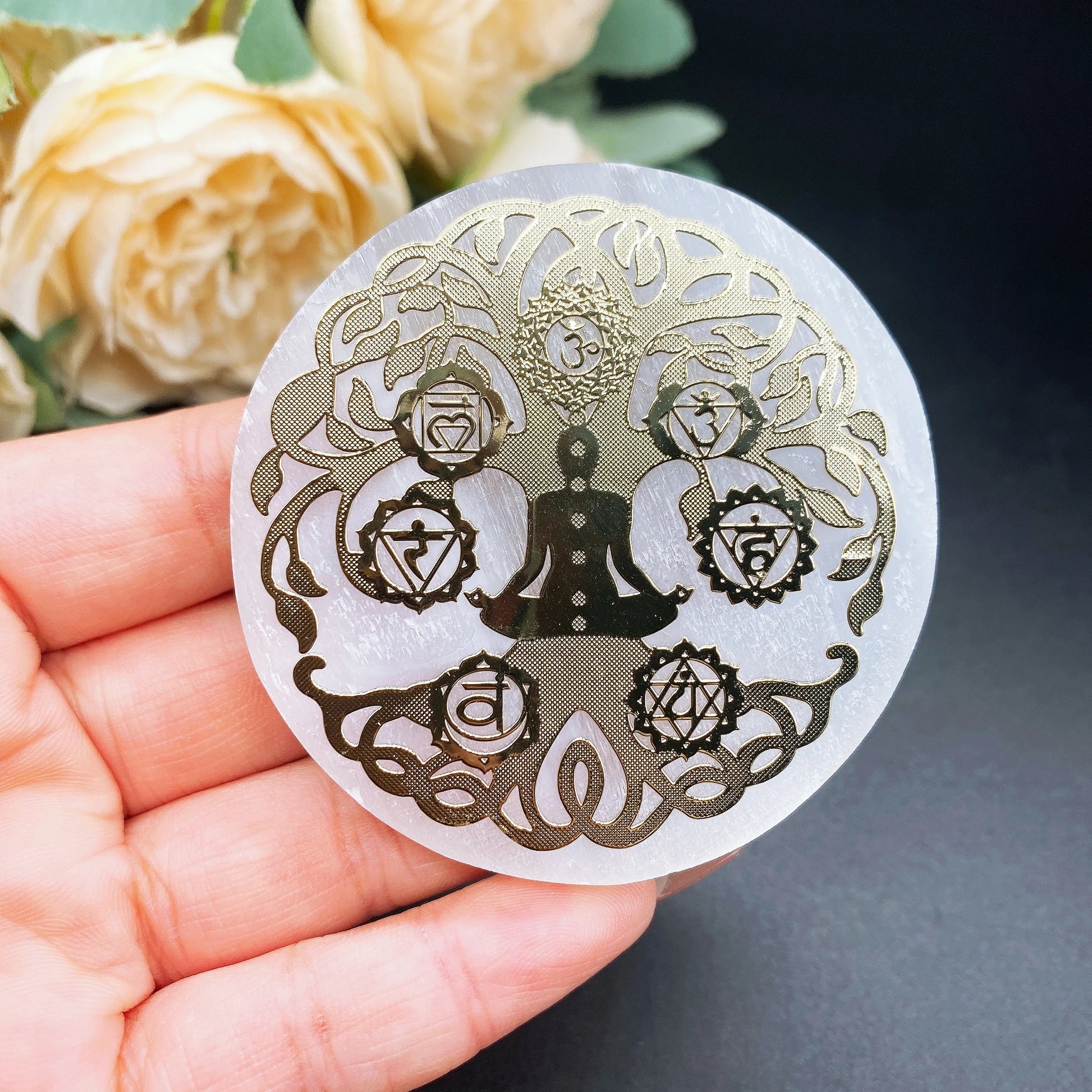 White Gypsum Chakra Tree of Life Meditation Disc-5