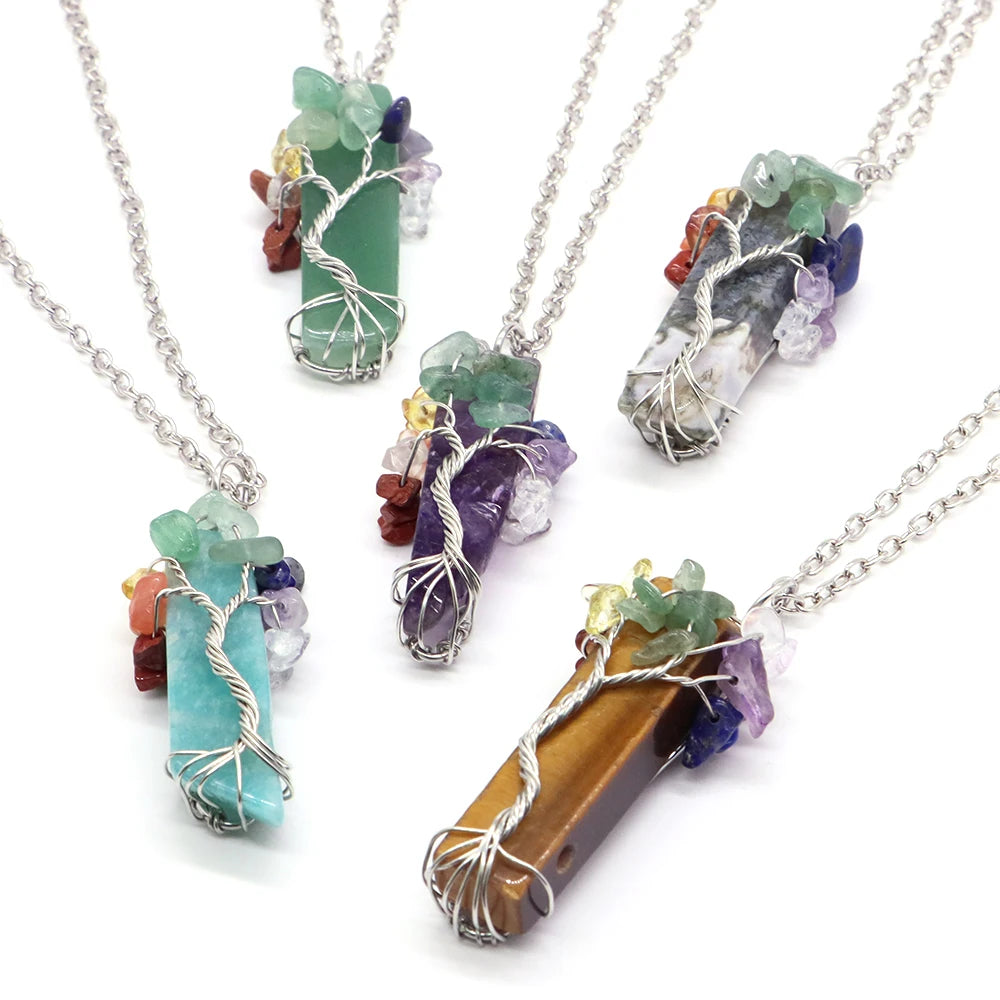 7 Chakra Tree of Life Irregular Slice Stone Pendant Natural Reiki Healing Crystals-3