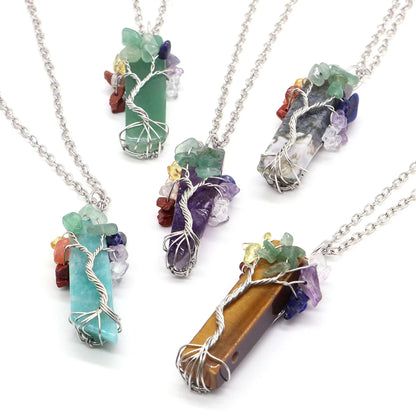 7 Chakra Tree of Life Irregular Slice Stone Pendant Natural Reiki Healing Crystals