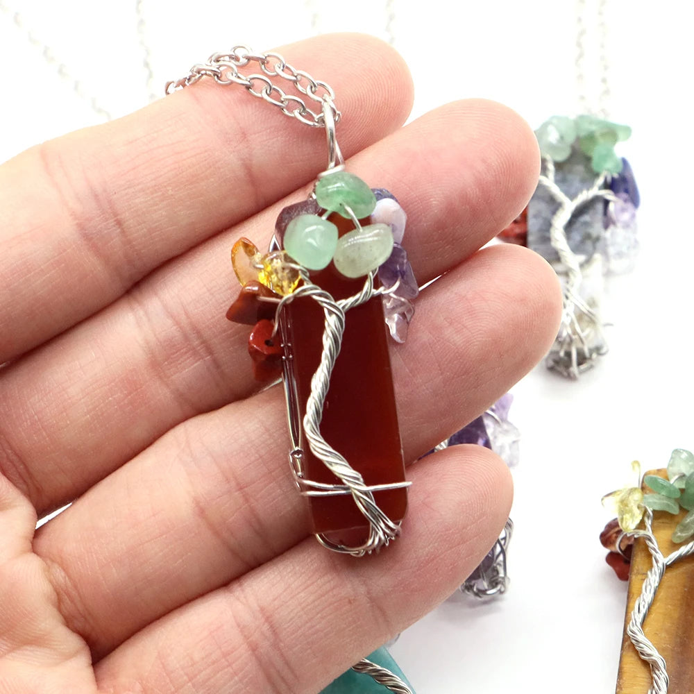 7 Chakra Tree of Life Irregular Slice Stone Pendant Natural Reiki Healing Crystals